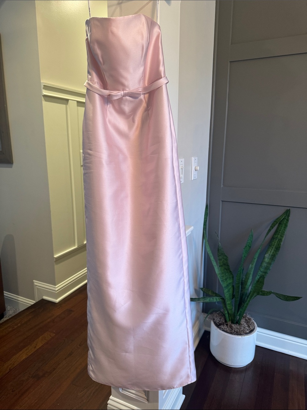 ALFRED SUNG Light Pink Strapless Satin Dress with Waist Trim Bow